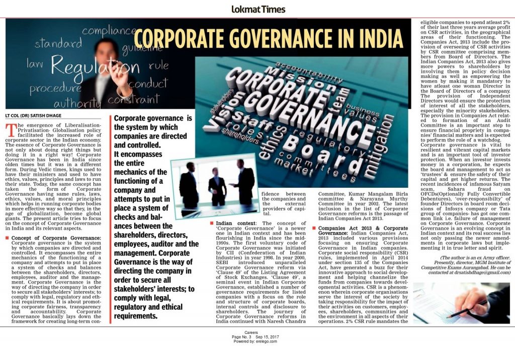 NEED OF CORPORATE GOVERNANCE - Lt Col Satish Dhage (Dr)